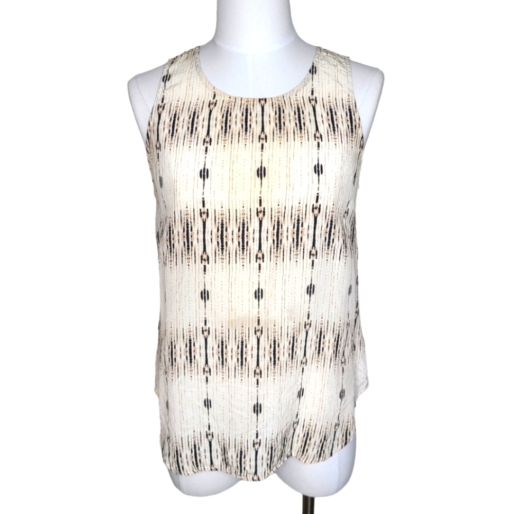 Cynthia Rowley Silk Abstract Graphic Tank Top Cream Black Tan S